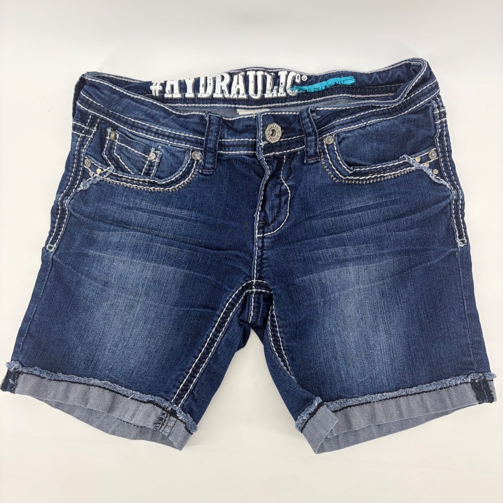 Hydraulic Denim Shorts Womens 3/4 Blue Bailey Low Rise Embellished Thick Stitch